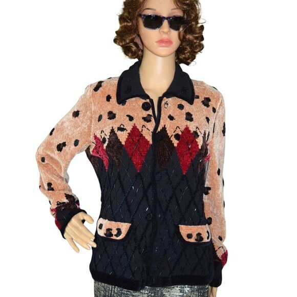 Vintage Sweaters - Vintage 90s Berer NWOT Beaded Diamond Leopard Cardigan Women Small Glam Rock Lux